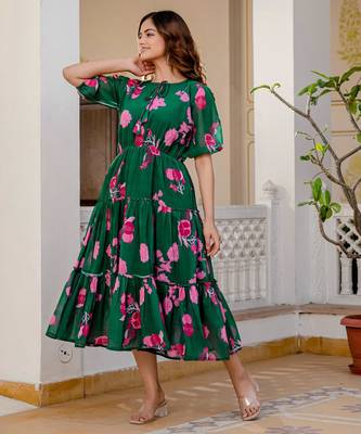 Women's green floral print fit & flare maxi dress 5