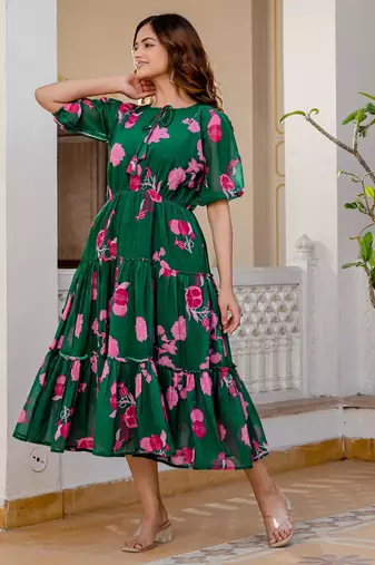 Women's green floral print fit & flare maxi dress