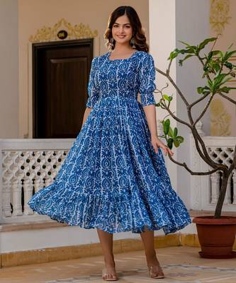 Women's blue batik print fit & flare maxi dress 1