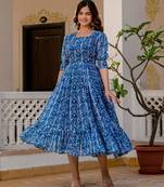 Women's blue batik print fit & flare maxi dress