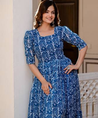 Women's blue batik print fit & flare maxi dress 3