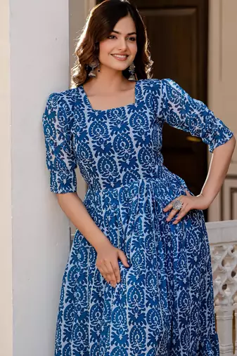 Women's blue batik print fit & flare maxi dress