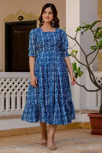 Women's blue batik print fit & flare maxi dress