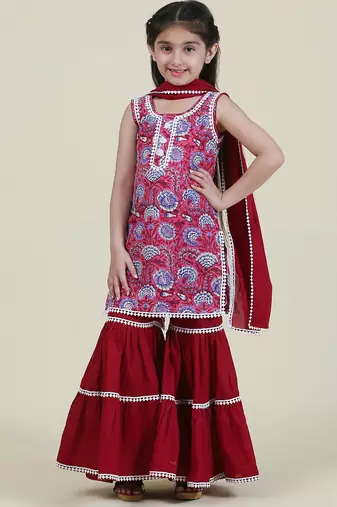 Red Sequin net embroidered sleeveless lehenga set for kids
