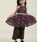 Black floral print cotton printed kurta with sharara for kids