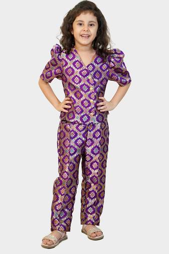 Purple bandhej cotton printed elbow sleeve cord set for kids