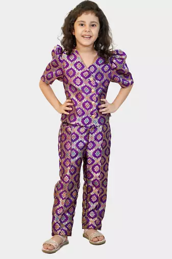 Purple bandhej cotton printed elbow sleeve cord set for kids