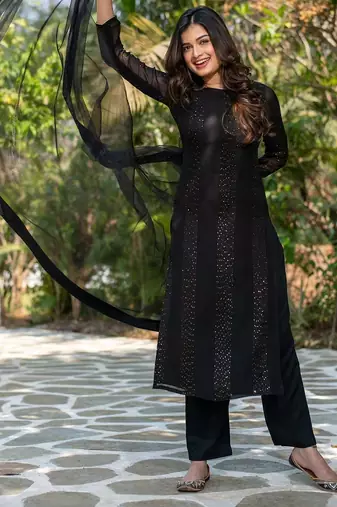 Women  Faux Georgette Straight Kurta Pant and Dupatta Set
