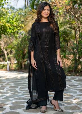 Women  Faux Georgette Straight Kurta Pant and Dupatta Set 5