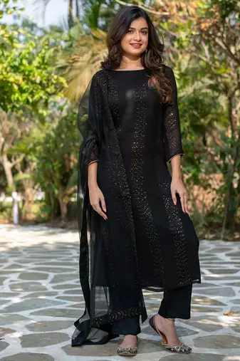 Women  Faux Georgette Straight Kurta Pant and Dupatta Set
