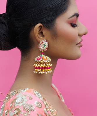 Multicolor metal based yellow gold plated earrings 2