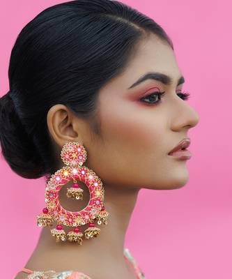 Pink metal based yellow gold plated earrings 1