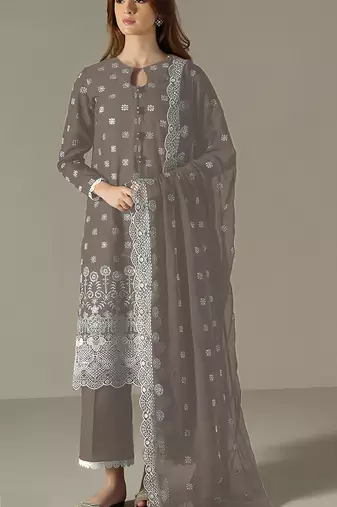 Grey embroidered faux georgette semi-pakistani salwar suit