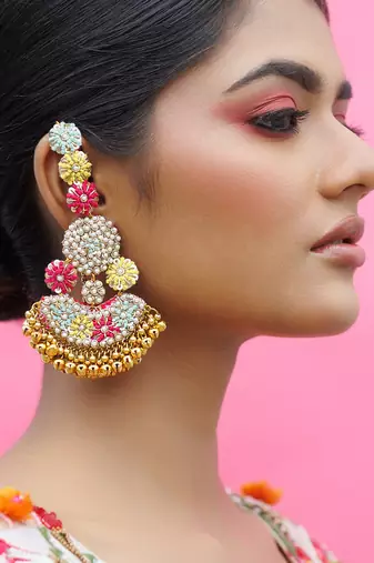 Metal based multicolor yellow gold plated earrings
