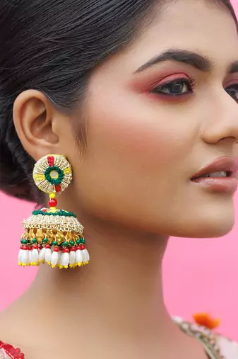 Metal based yellow gold plated multicolor earrings