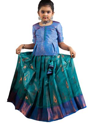 green copper drops Banarasi Elbow Sleeve pattu pavadai | langa for girls 1