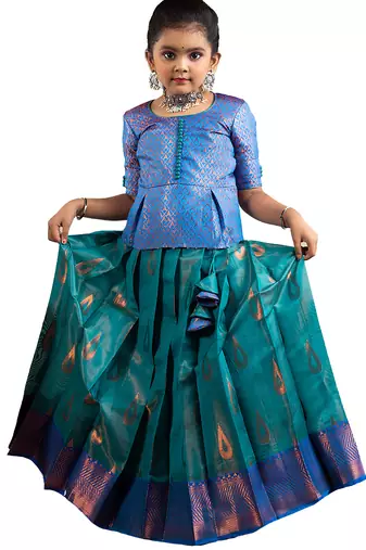 green copper drops Banarasi Elbow Sleeve pattu pavadai | langa for girls