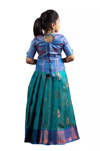 green copper drops Banarasi Elbow Sleeve pattu pavadai | langa for girls