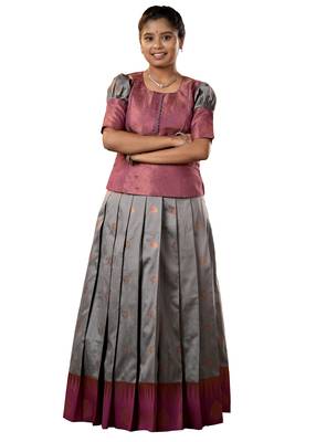 Grey copper magizham Banarasi Elbow Sleeve pattu pavadai for girls 1