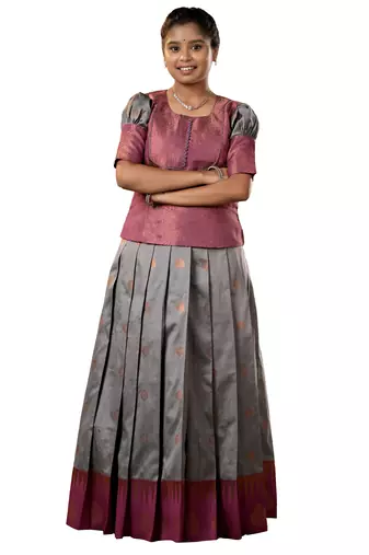 Grey copper magizham Banarasi Elbow Sleeve pattu pavadai for girls