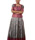 Grey copper magizham Banarasi Elbow Sleeve pattu pavadai for girls