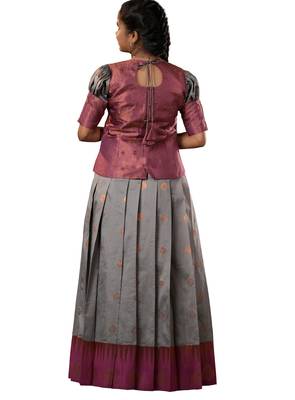 Grey copper magizham Banarasi Elbow Sleeve pattu pavadai for girls 2