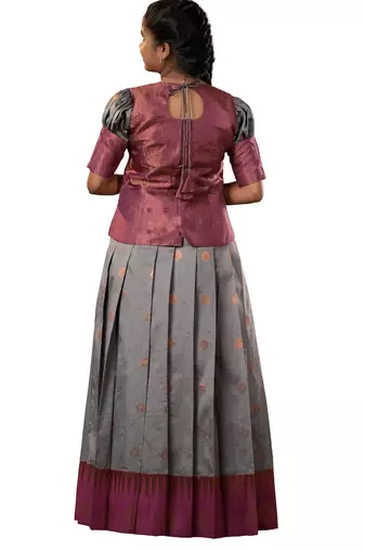 Grey copper magizham Banarasi Elbow Sleeve pattu pavadai for girls