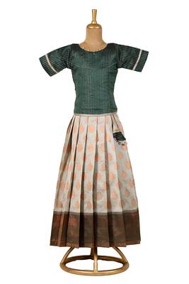 white copper pendant Banarasi Elbow Sleeve pattu pavadai | langa for girls 1