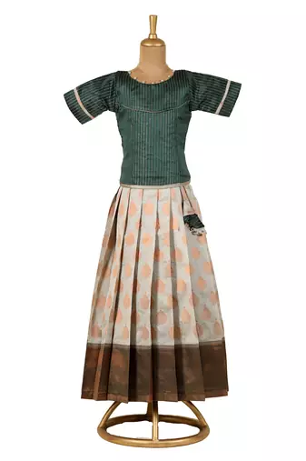 white copper pendant Banarasi Elbow Sleeve pattu pavadai | langa for girls