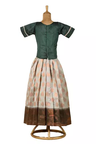white copper pendant Banarasi Elbow Sleeve pattu pavadai | langa for girls