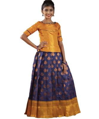 Navy blue copper pendant Banarasi Elbow Sleeve pattu pavadai | langa for girls 1