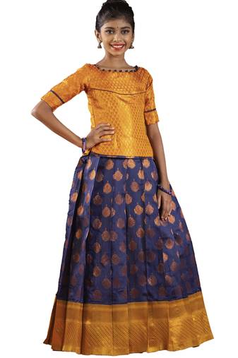 Navy blue copper pendant Banarasi Elbow Sleeve pattu pavadai | langa for girls