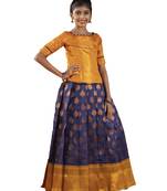 Navy blue copper pendant Banarasi Elbow Sleeve pattu pavadai | langa for girls