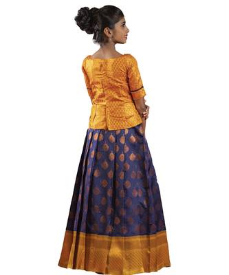 Navy blue copper pendant Banarasi Elbow Sleeve pattu pavadai | langa for girls 2