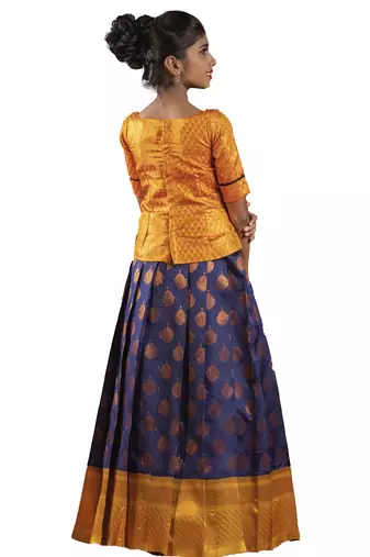 Navy blue copper pendant Banarasi Elbow Sleeve pattu pavadai | langa for girls