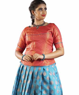 Girls sky blue copper pendant Banarasi Elbow Sleeve pattu pavadai | langa 1