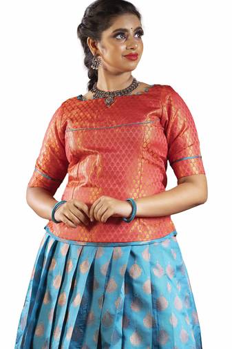 Girls sky blue copper pendant Banarasi Elbow Sleeve pattu pavadai | langa