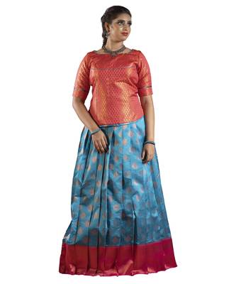 Girls sky blue copper pendant Banarasi Elbow Sleeve pattu pavadai | langa 2