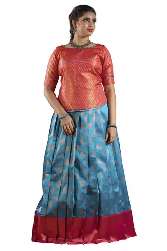 Girls sky blue copper pendant Banarasi Elbow Sleeve pattu pavadai | langa