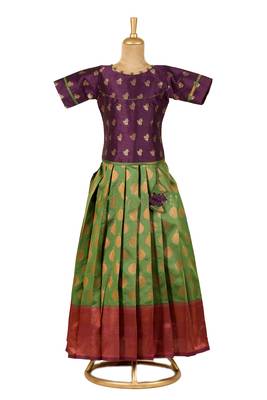green copper pendant Banarasi Elbow Sleeve pattu pavadai | langa for girls 1