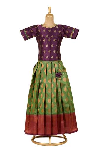 green copper pendant Banarasi Elbow Sleeve pattu pavadai | langa for girls