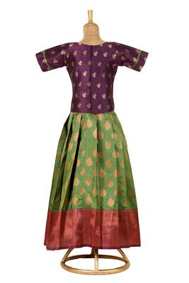 green copper pendant Banarasi Elbow Sleeve pattu pavadai | langa for girls 2