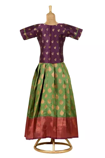 green copper pendant Banarasi Elbow Sleeve pattu pavadai | langa for girls