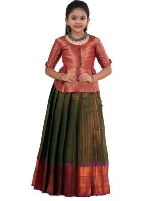 Dark green copper rail Banarasi Elbow Sleeve pattu pavadai for girls 1