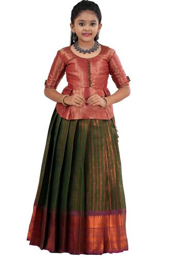 Dark green copper rail Banarasi Elbow Sleeve pattu pavadai for girls