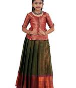 Dark green copper rail Banarasi Elbow Sleeve pattu pavadai for girls