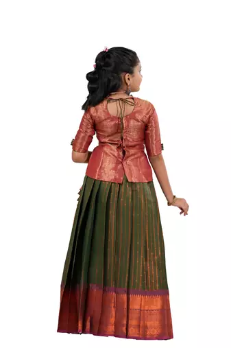 Dark green copper rail Banarasi Elbow Sleeve pattu pavadai for girls