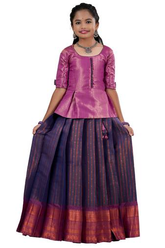 Navy blue copper rail Banarasi Elbow Sleeve pattu pavadai for girls
