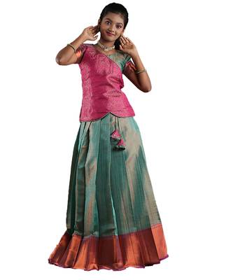Ramer green copper silk Banarasi Short Sleeve pattu pavadai for girls 1