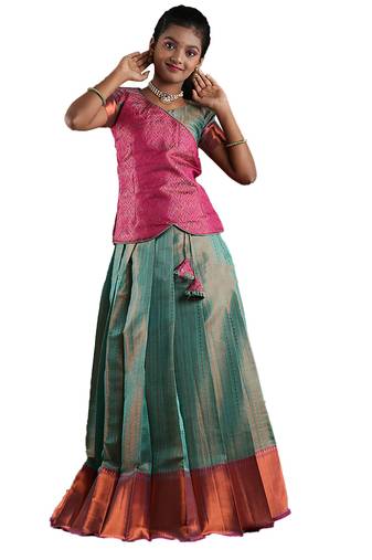 Ramer green copper silk Banarasi Short Sleeve pattu pavadai for girls